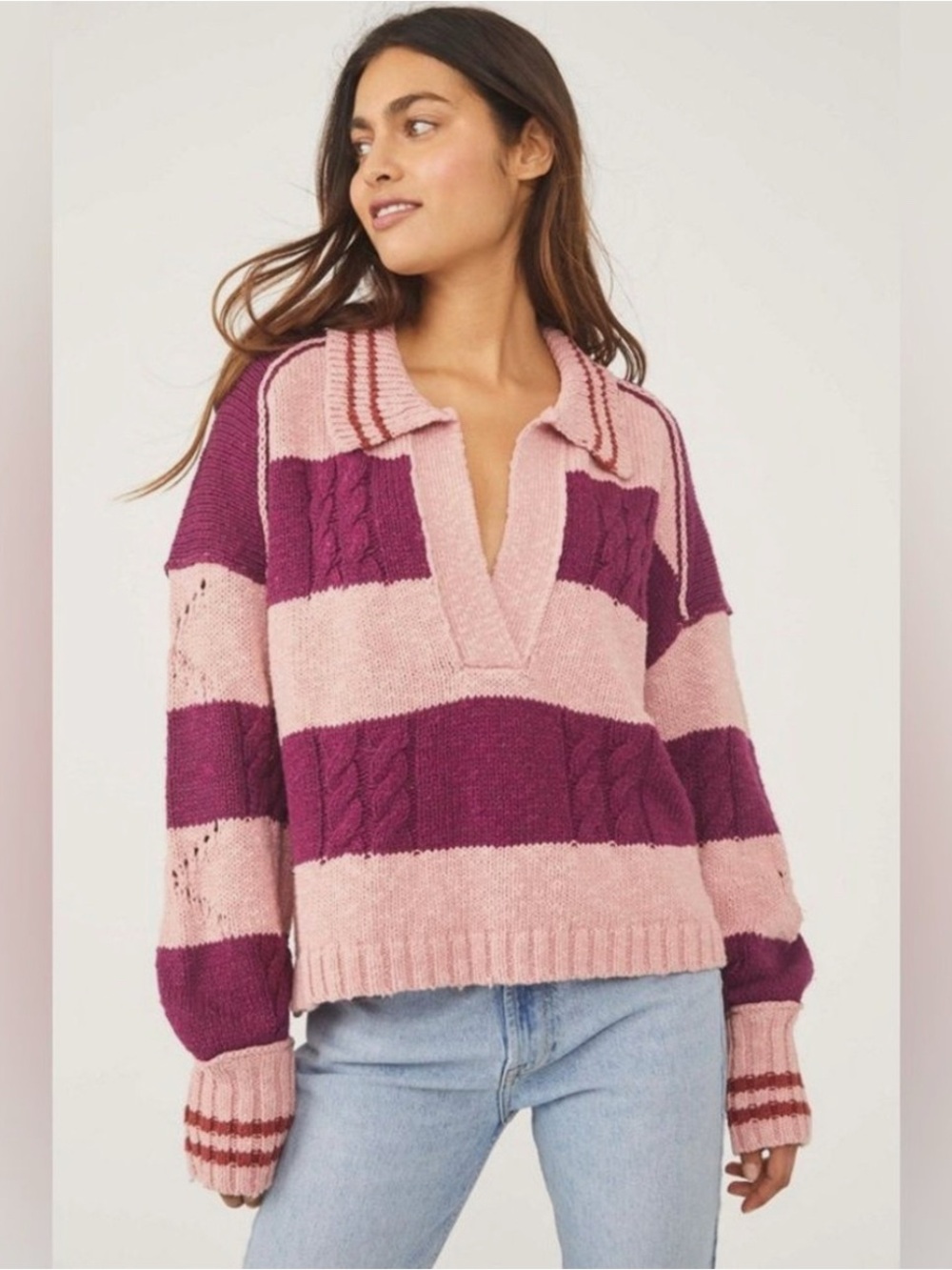 Free People Pembrook Striped Cable-Knit Moody Pink Oversized V-neck Sweater L